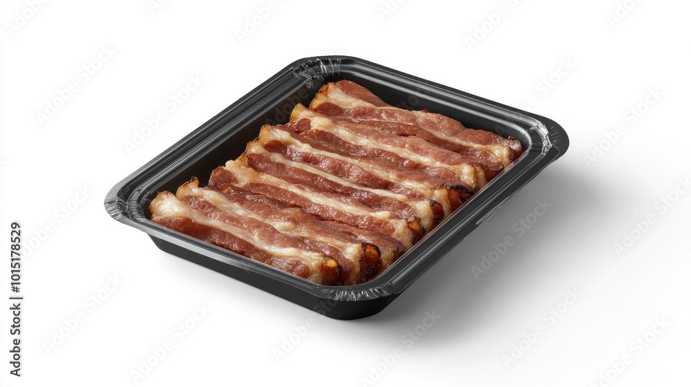 Bacon packaged in a visually appealing, eco-friendly design with a clear window showcasing the product, isolated on a crisp white background. Bacon packaged in a visually appealing, eco-friendly design with a clear window showcasing the product, isolated on a crisp white background.
