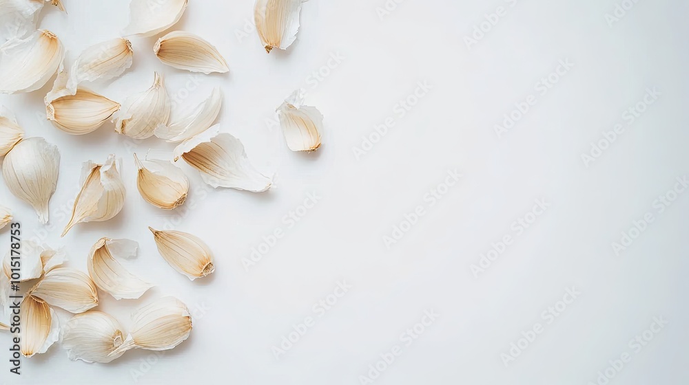 Close-up of garlic cloves peeled from a whole bulb, scattered artistically on a clean white background, creating a fresh, minimal look. Close-up of garlic cloves peeled from a whole bulb, scattered artistically on a clean white background, creating a fresh, minimal look.