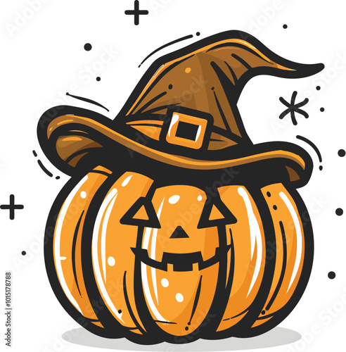 Halloween Pumpkin Wear Witch Hat Vector Illustration