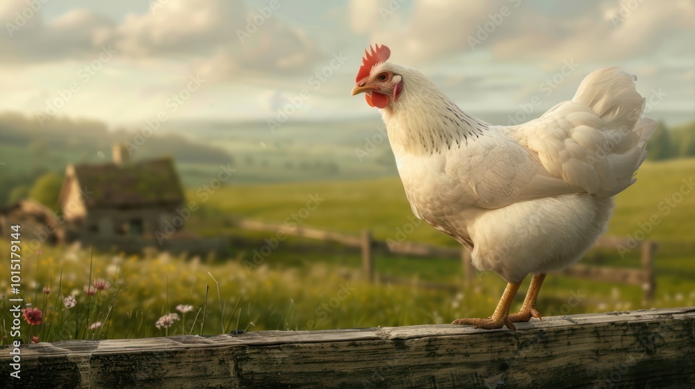 Fototapeta premium White Hen Perched on a Fence Rail in a Rural Setting