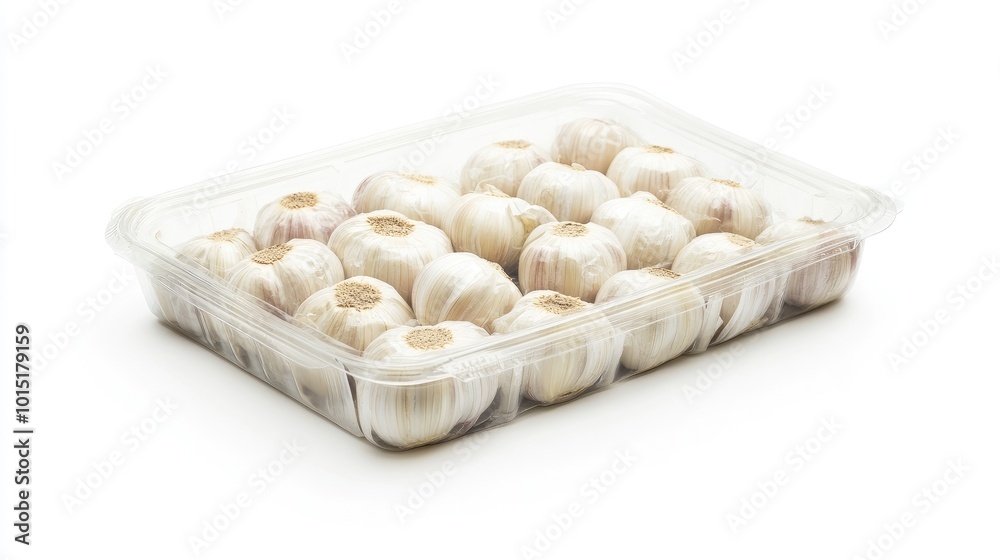 Conceptual image of pre-packaged garlic cloves in a sealed tray, isolated against a pure white background, emphasizing hygiene and convenience. Conceptual image of pre-packaged garlic cloves in a sealed tray, isolated against a pure white background, emphasizing hygiene and convenience.