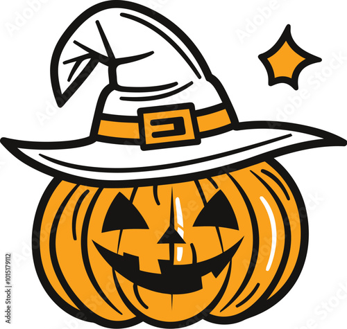 Halloween Pumpkin Wear Witch Hat Vector Illustration