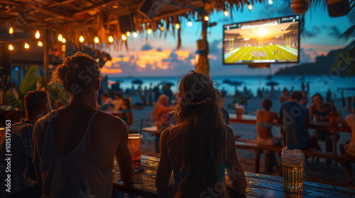 People are enjoying a beautiful sunset while watching a football game on tv in a beach bar