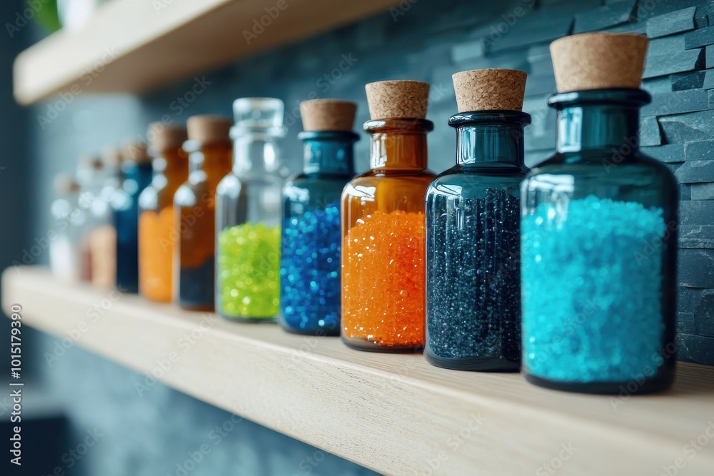 Colorful Bottles on a Wooden Shelf Display Colorful Bottles on a Wooden Shelf Display