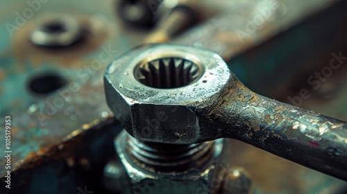 Close-up of a Worn Metal Wrench with a Hexagonal Head