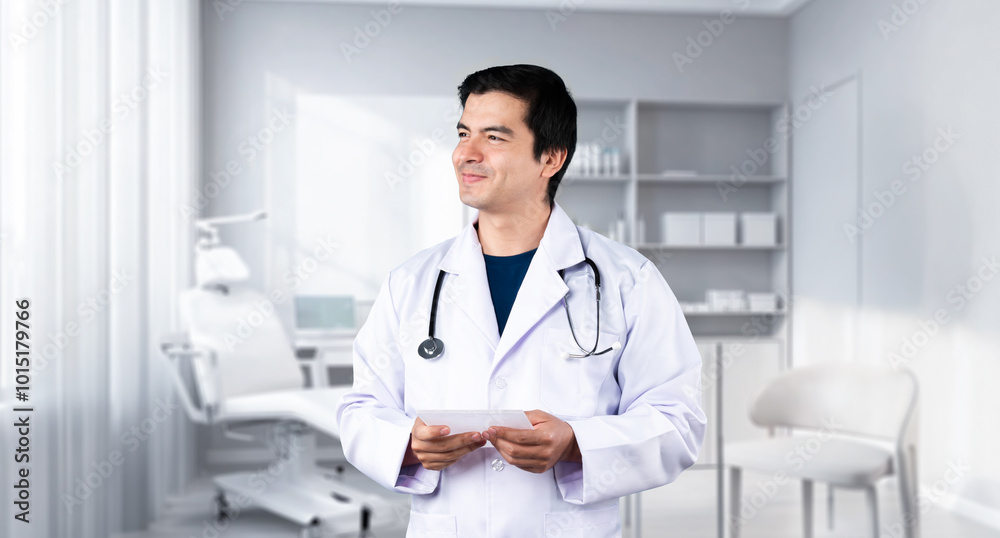 Doctor preparing for look after patient while holding document. Professional asian doctor wearing lab coat and stethoscope and standing at white modern office with blurring background. Ingenuity. Doctor preparing for look after patient while holding document. Professional asian doctor wearing lab coat and stethoscope and standing at white modern office with blurring background. Ingenuity.