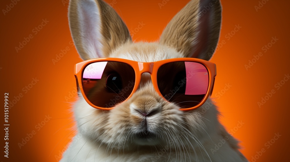 Abstract clip-art of White Rabbit wearing trendy sunglasses. Contemporary colourful background. Copy space. Summer minimalism. For posters, planners, web, landing page, illustration. Abstract clip-art of White Rabbit wearing trendy sunglasses. Contemporary colourful background. Copy space. Summer minimalism. For posters, planners, web, landing page, illustration.