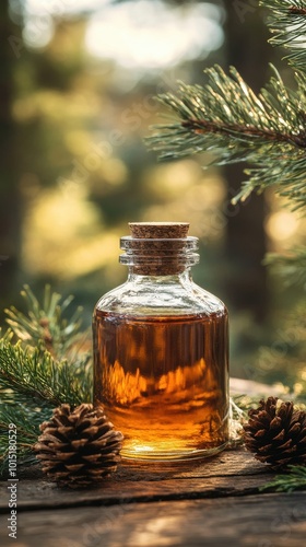 Glass Bottle with Pinecones and Natural Background