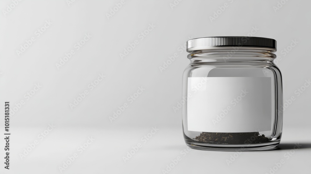 A mockup of a classic glass jar with a blank label, placed on a simple white table, perfect for food or skincare branding A mockup of a classic glass jar with a blank label, placed on a simple white table, perfect for food or skincare branding
