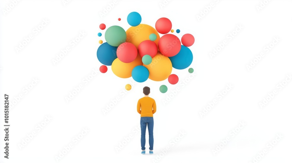 A person stands facing a cluster of colorful spheres floating against a white background, symbolizing creativity and imagination. A person stands facing a cluster of colorful spheres floating against a white background, symbolizing creativity and imagination.