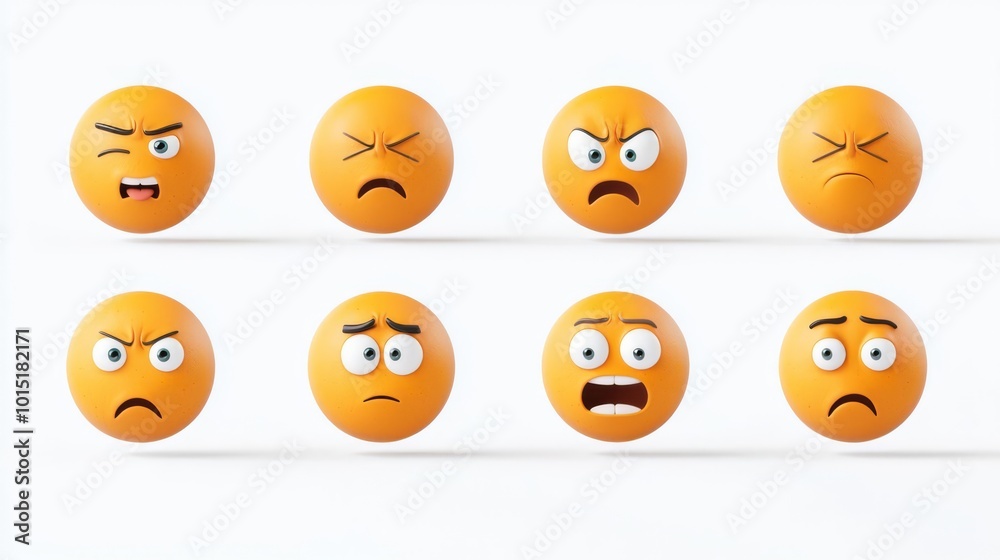 Fototapeta premium Set of eight colorful emoji faces showing a variety of emotions, perfect for expressing moods in digital communication.