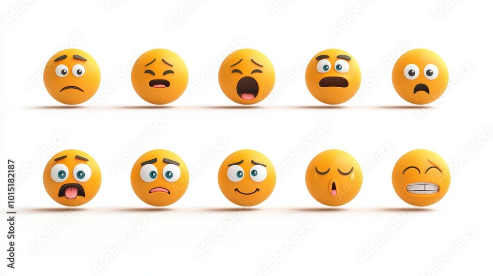 Set of yellow emoticons displaying various emotions like happiness, sadness, surprise, and more against a white background. Set of yellow emoticons displaying various emotions like happiness, sadness, surprise, and more against a white background.