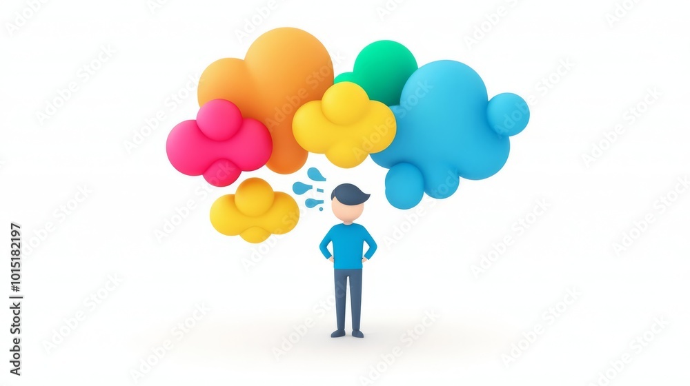 Abstract illustration of a person with colorful thought clouds, symbolizing creativity, imagination, and innovative thinking.