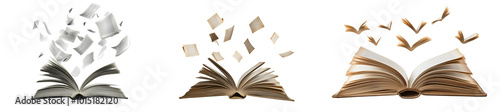 Set of An open book with pages flying out of it, isolated on a transparent background.