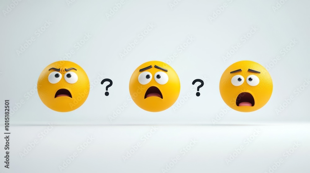 Three expressive yellow emoticons with question marks. Depicting confusion, curiosity, and surprise against a clean white background. Three expressive yellow emoticons with question marks. Depicting confusion, curiosity, and surprise against a clean white background.