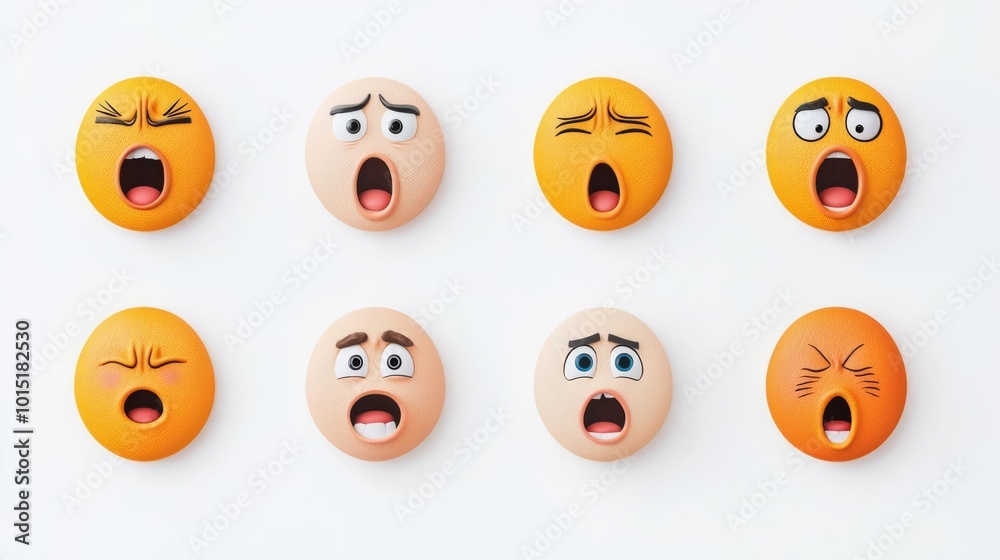 Fototapeta premium Collection of emoticons displaying various emotions including surprise, fear, and excitement on a plain white background.