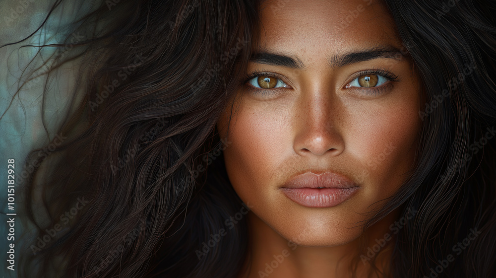 A hyper-realistic portrait of a 34-year-old Asian American woman with smooth, glowing skin and soft features. Her expression is calm and confident, with natural makeup enhancing he