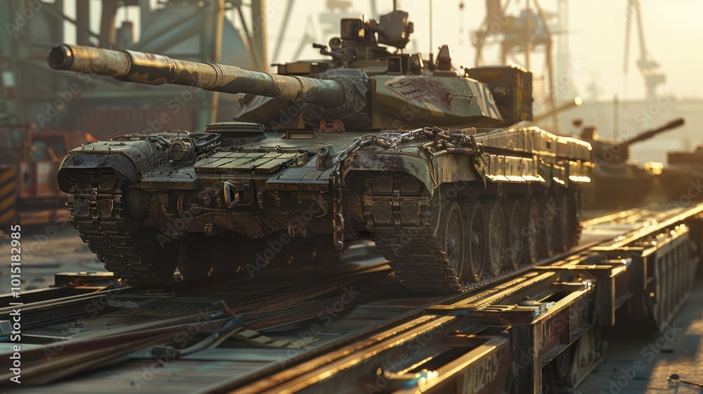 A Military Tank Being Transported on a Railway Flatcar A Military Tank Being Transported on a Railway Flatcar