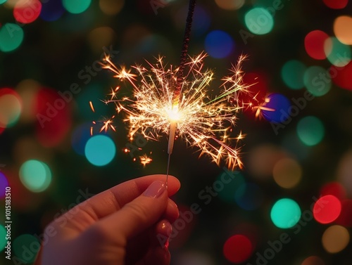 Sparkle of Celebration: Hand holding a glowing sparkler against a bokeh background of colorful Christmas lights. Perfect for holiday cards, festive celebrations, and New Year's greetings. 