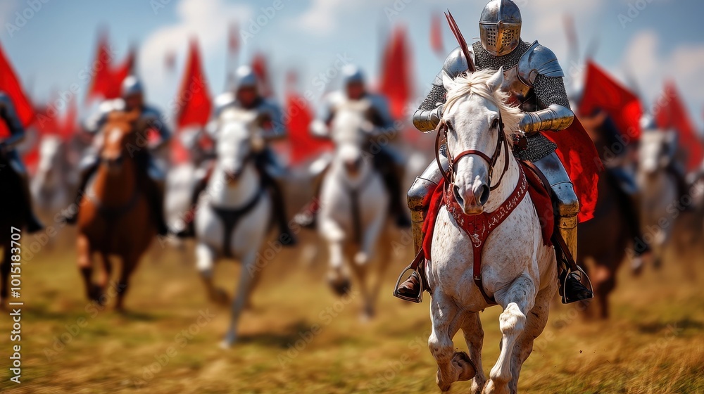 Fototapeta premium Knight in Armor Riding Horse with Red Flags Background