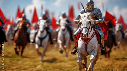 Knight in Armor Riding Horse with Red Flags Background