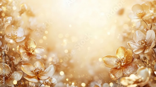 Luxury golden floral background with glittering particles. Magic gold flowers luxurious fairytale theme