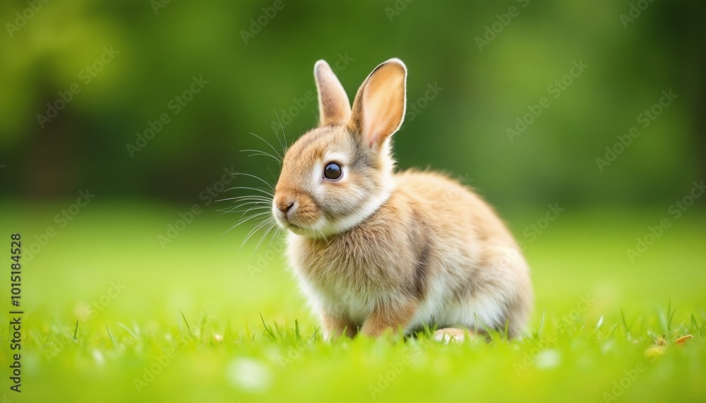 Adorable baby rabbit with alert expression sitting on lush green grass Adorable baby rabbit with alert expression sitting on lush green grass