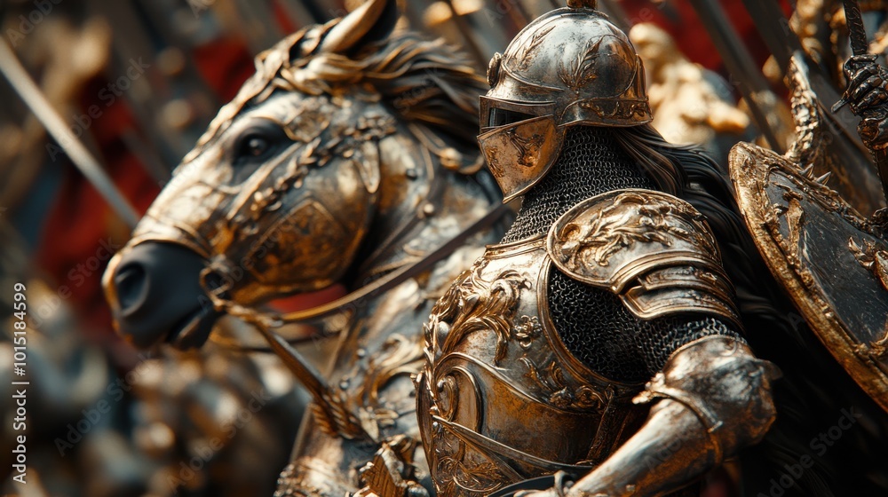 Detailed Close-Up of Ornate Knight and Horse Statue Detailed Close-Up of Ornate Knight and Horse Statue