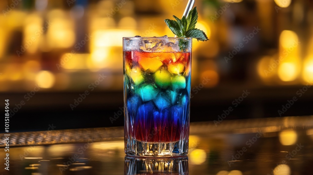 Rainbow layered cocktail with ice and mint garnish on a bar counter with bokeh lights. Rainbow layered cocktail with ice and mint garnish on a bar counter with bokeh lights.