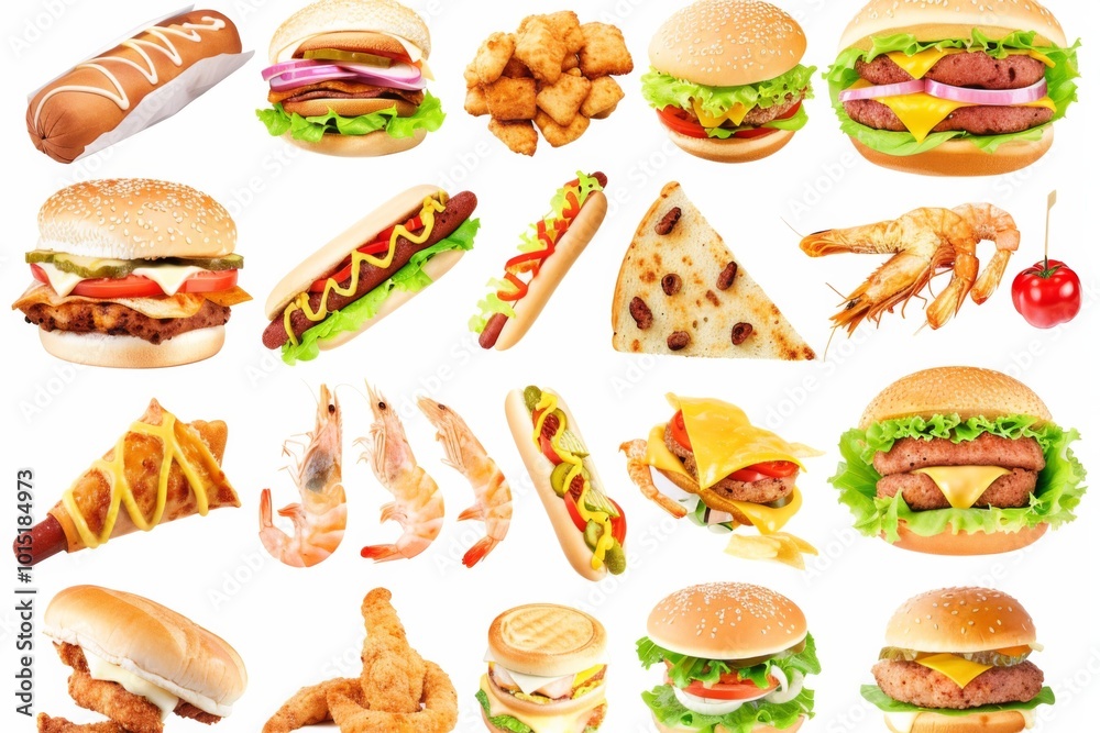 Indulge in a colorful array of fast foods featuring hotdogs, burgers, shawarma, and chicken delights on a white background Indulge in a colorful array of fast foods featuring hotdogs, burgers, shawarma, and chicken delights on a white background