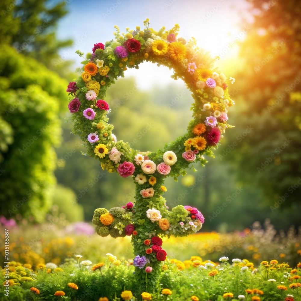 Floral female symbol made of flowers in a sunny garden. Floral female symbol made of flowers in a sunny garden.