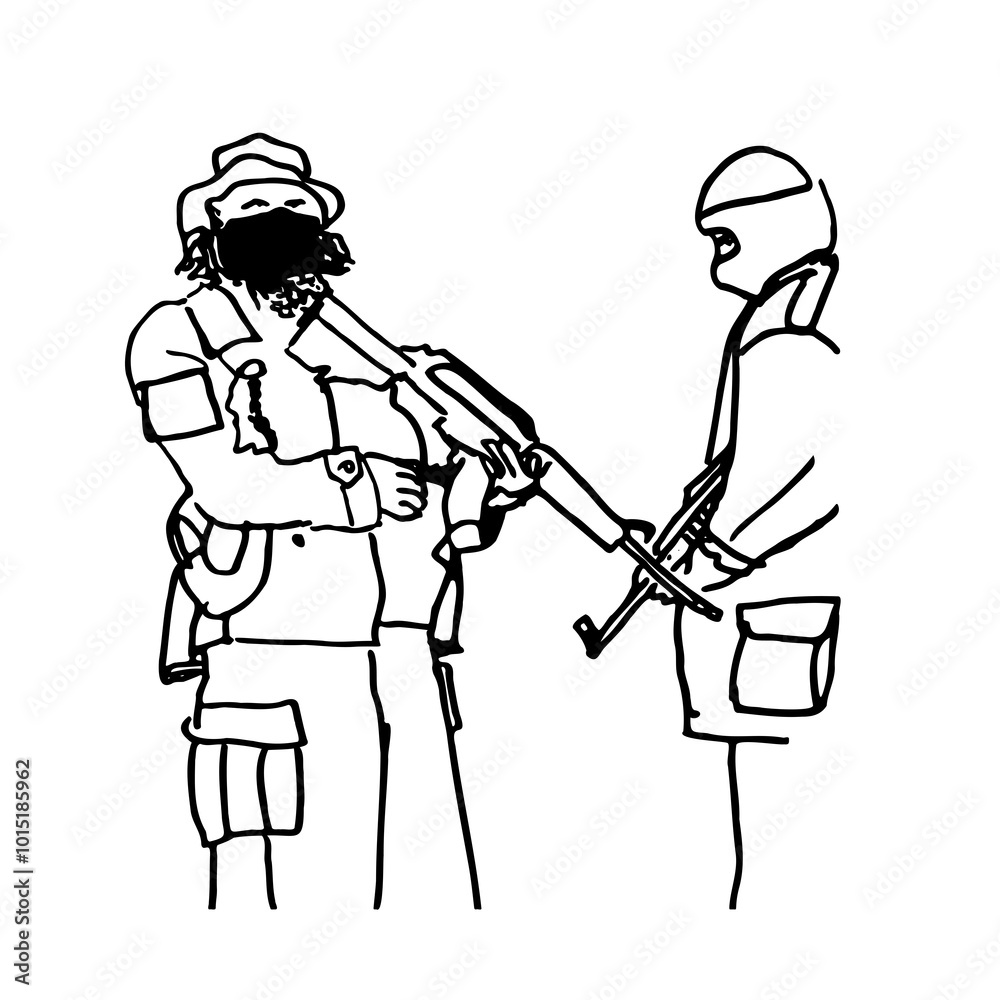 Deux hommes soldats en uniforme avec une arme dans les mains et leur visages masqués. Ils portent une cagoule et son face à face prêt à agir sur une menace Deux hommes soldats en uniforme avec une arme dans les mains et leur visages masqués. Ils portent une cagoule et son face à face prêt à agir sur une menace