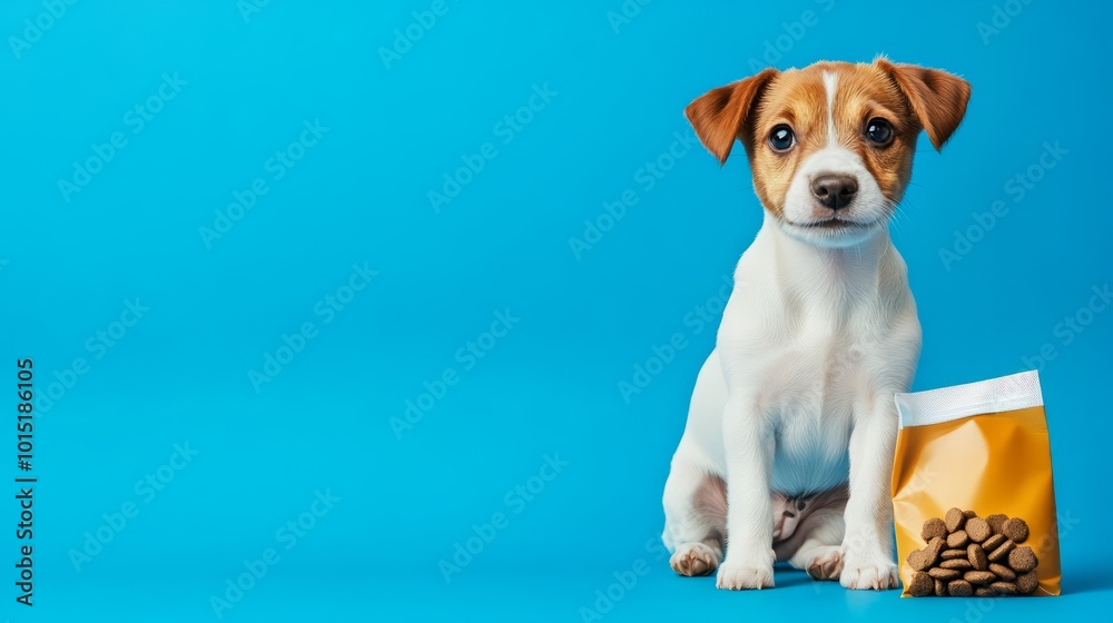 A mockup of a pet food bag with a blank design, set next to a playful puppy, perfect for pet-related marketing A mockup of a pet food bag with a blank design, set next to a playful puppy, perfect for pet-related marketing