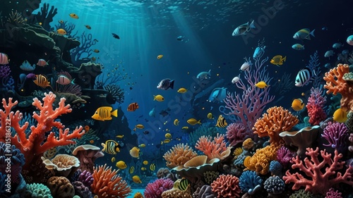 realistic illustration of underwater life filled with sea creatures