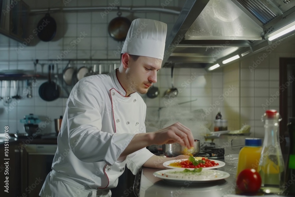 A skilled cook in a crisp uniform artfully garnishes a gourmet dish with fresh spices in a hotel restaurant kitchen A skilled cook in a crisp uniform artfully garnishes a gourmet dish with fresh spices in a hotel restaurant kitchen
