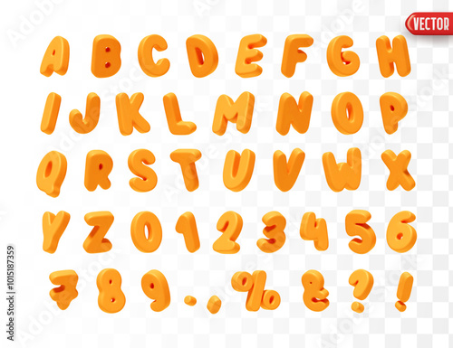 Orange Font realistic 3d design. Complete alphabet and numbers from 0 to 9. Collection of large letters in cartoon style. Fonts are voluminous with different slants. Vector illustration