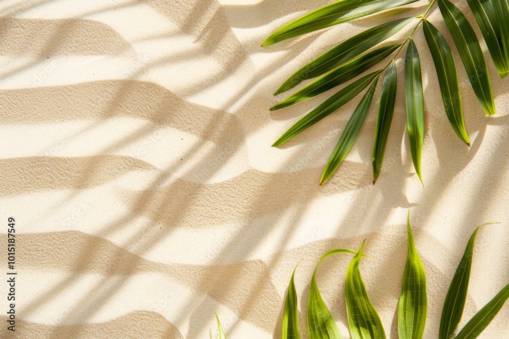 Aerial view of vibrant palm leaf casting shadows on a soft sandy background, evoking a serene tropical summer vibe Aerial view of vibrant palm leaf casting shadows on a soft sandy background, evoking a serene tropical summer vibe