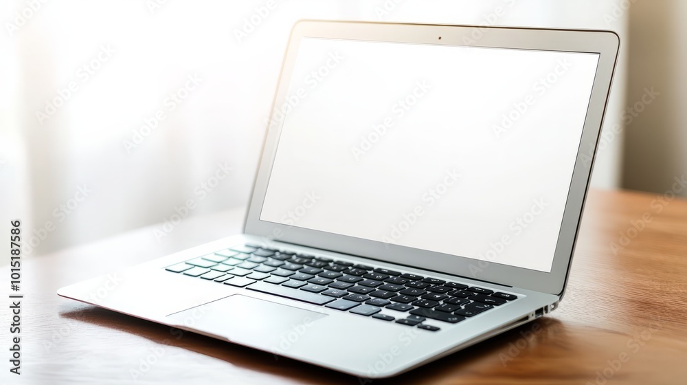 A mockup of a sleek laptop on a wooden desk, showcasing a clean white screen with an empty workspace A mockup of a sleek laptop on a wooden desk, showcasing a clean white screen with an empty workspace