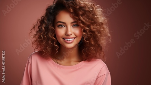 African American woman with curly hair and in casual clothes jumping while smiling happily against pink background