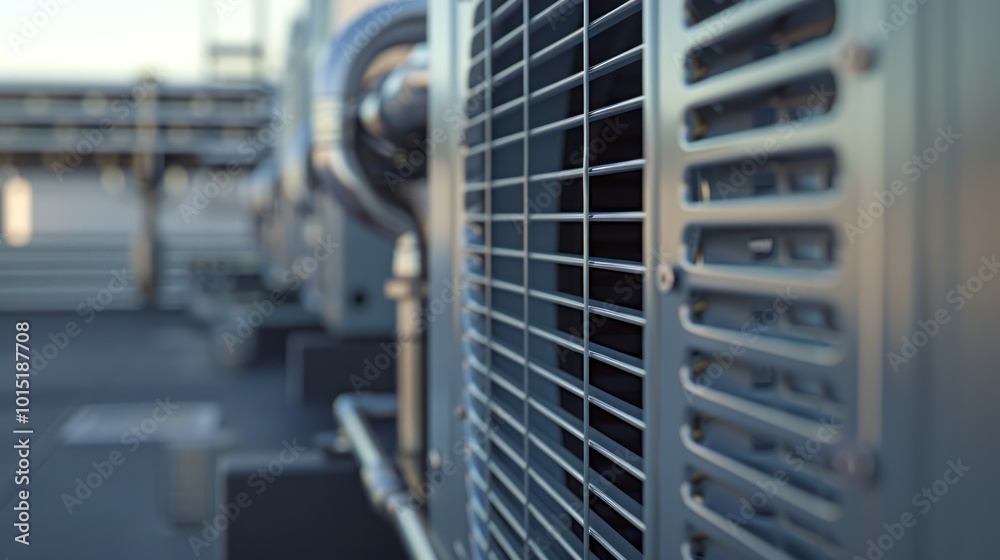 Naklejka premium Close-up of an Industrial Air Conditioner Unit with Metal Grating