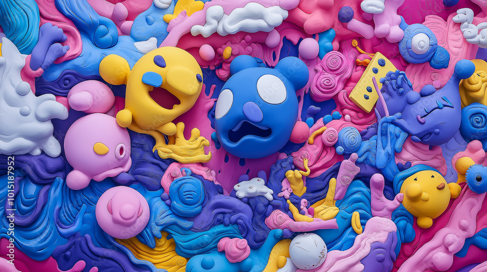 Colorful abstract composition featuring playful characters in vibrant pink and blue tones