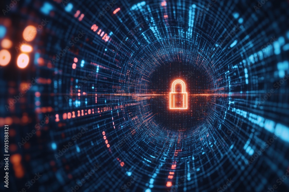 Fototapeta premium Visual representation of cybersecurity with a digital padlock and network data in a high-tech environment