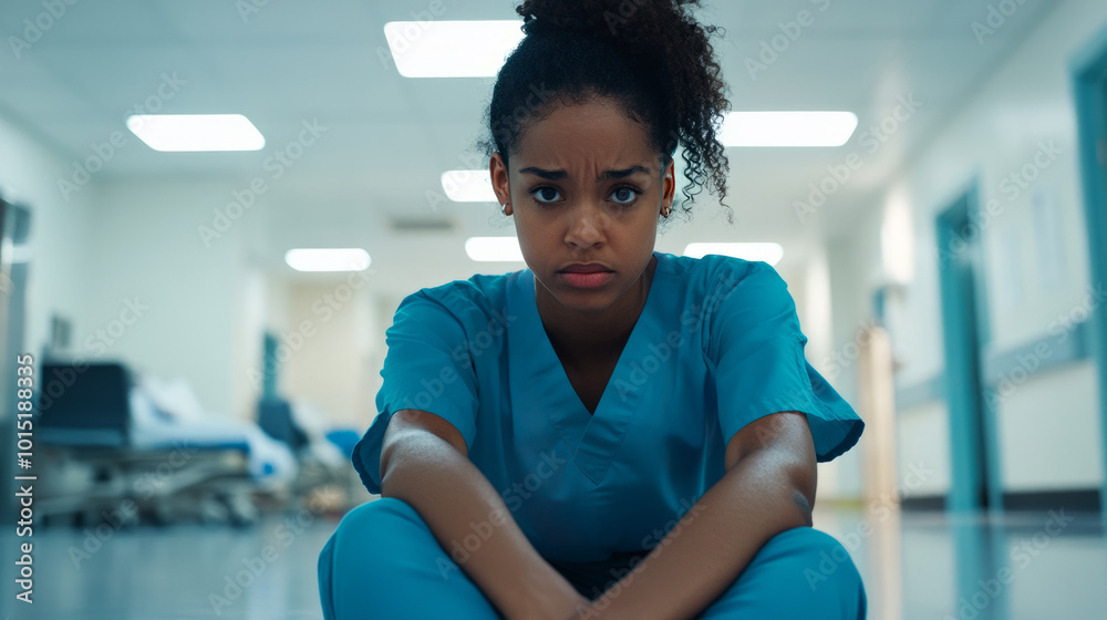 Female nurse in blue scrubs sitting on the hospital floor, looking tired and stressed. Healthcare worker burnout concept. Female nurse in blue scrubs sitting on the hospital floor, looking tired and stressed. Healthcare worker burnout concept.