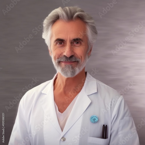 A charming older man in a lab coat sharing his passion for online courses in a well-lit studio