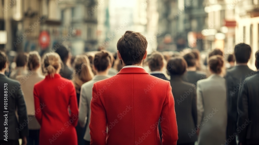 Fototapeta premium Amidst a sea of gray suits, one person in a vibrant red jacket captures attention in the lively city atmosphere