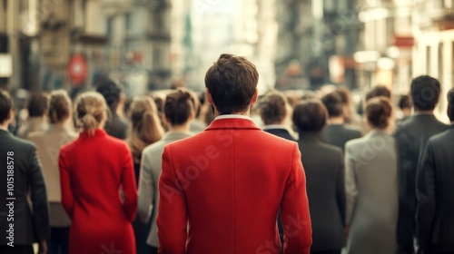 Amidst a sea of gray suits, one person in a vibrant red jacket captures attention in the lively city atmosphere