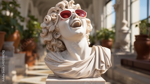 Ancient Greek white statue of a smiling woman wearing sunglasses