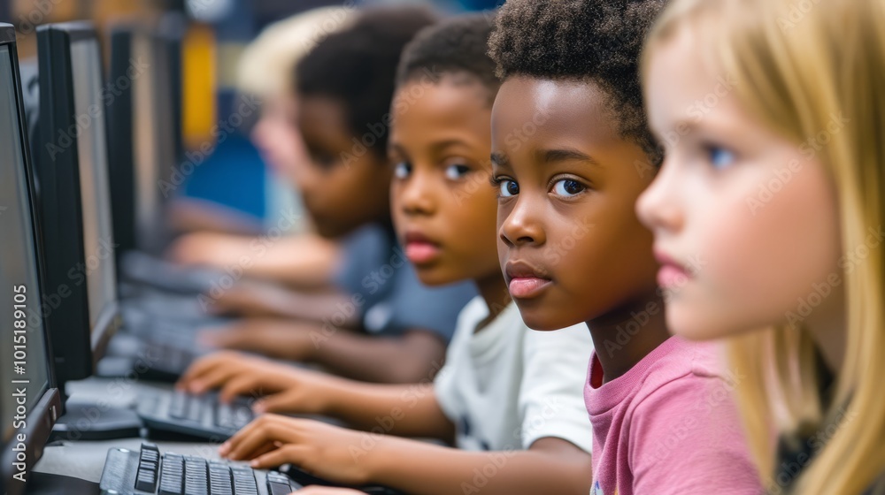 A diverse group of children attentively engages with their computers, absorbed in learning new skills in a lively classroom filled with energy A diverse group of children attentively engages with their computers, absorbed in learning new skills in a lively classroom filled with energy