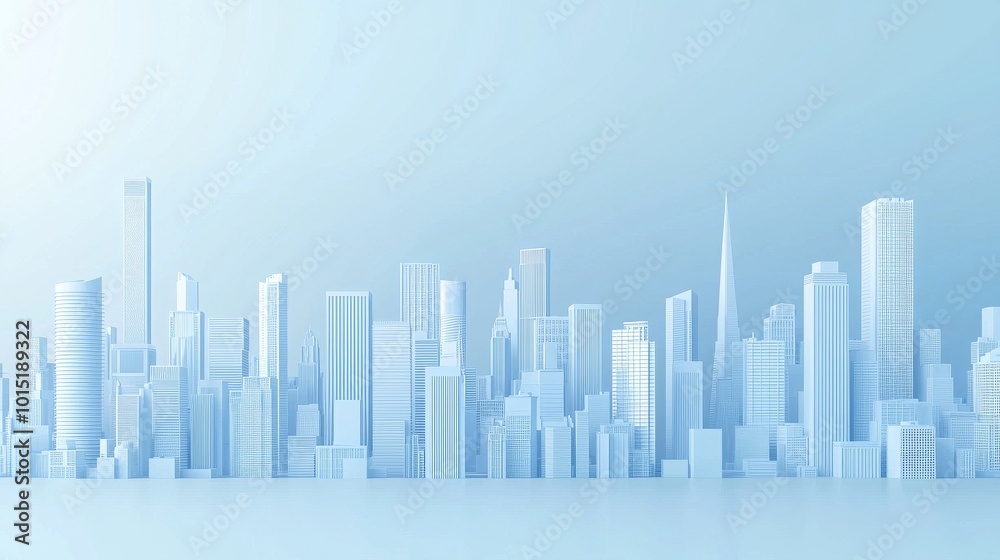 White cityscape background with buildings and skyscrapers on a light blue gradient, 3D rendering illustration of an urban landscape with copy space, minimalist style, high resolution, highly detailed