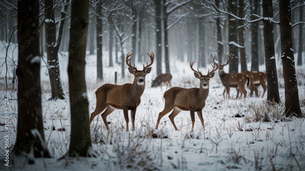 A herd of deer stand in a snowy forest, with two bucks in the foreground looking directly at the camera. A herd of deer stand in a snowy forest, with two bucks in the foreground looking directly at the camera.